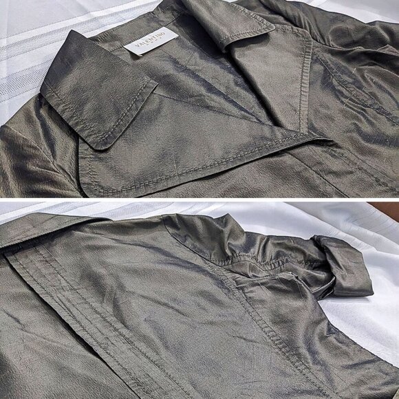 Vtg Y2K VALENTINO Metallic Futurism 100% Silk Green-Gray Belted Moto Trench Sz 8 - Picture 6 of 9